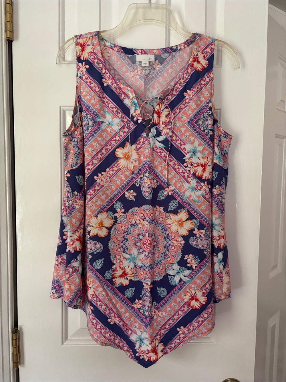 J. Jill Navy Floral Medallion V-Neck Tank with Tie